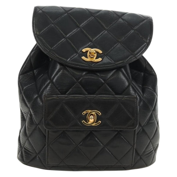 CHANEL Matelasse Chain Backpack Lamb Skin Gold Black CC Auth 189831SV
