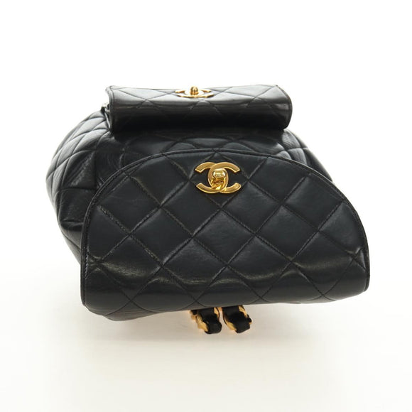 CHANEL Matelasse Chain Backpack Lamb Skin Gold Black CC Auth 189831SV
