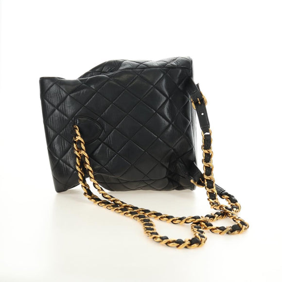 CHANEL Matelasse Chain Backpack Lamb Skin Gold Black CC Auth 189831SV