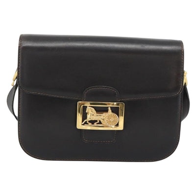 CELINE Horse Carriage Shoulder Bag Leather Dark Brown Gold Auth 189835A - 0