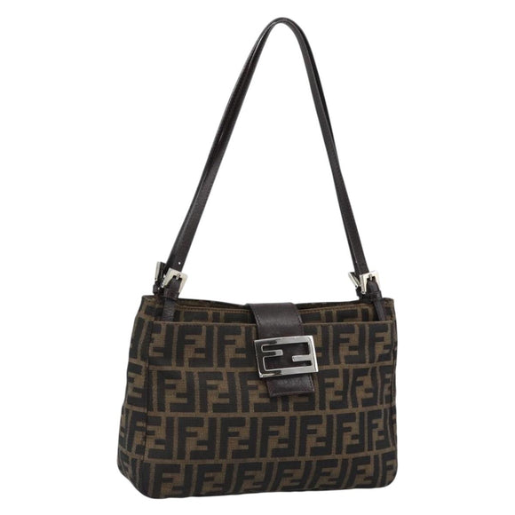 FENDI Zucca Canvas Mamma Baguette Tote Bag Black Brown Auth 189846A