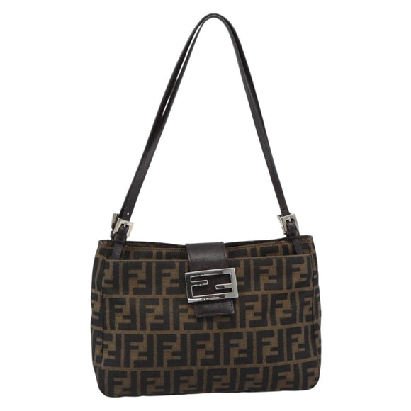 FENDI Zucca Canvas Mamma Baguette Tote Bag Black Brown Auth 189846A