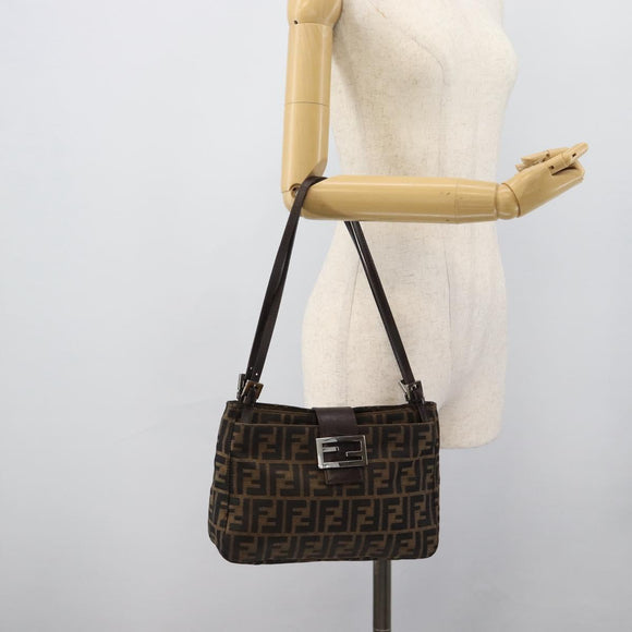 FENDI Zucca Canvas Mamma Baguette Tote Bag Black Brown Auth 189846A