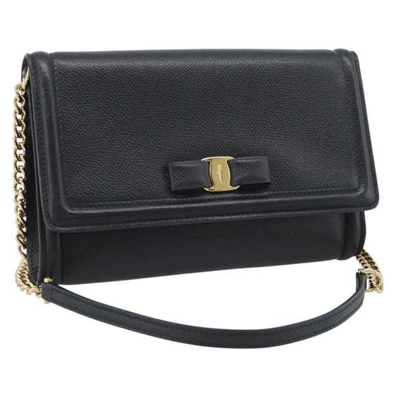 Salvatore Ferragamo Vala Chain Shoulder Bag Leather Black Gold Auth 189851A