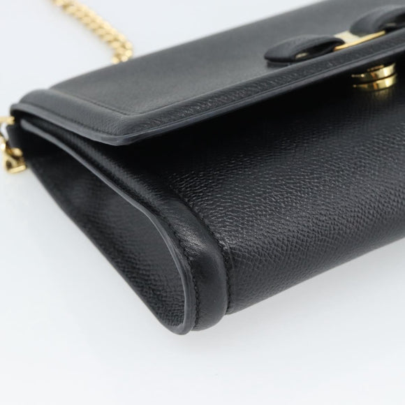 Salvatore Ferragamo Vala Chain Shoulder Bag Leather Black Gold Auth 189851A