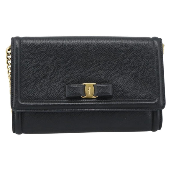 Salvatore Ferragamo Vala Chain Shoulder Bag Leather Black Gold Auth 189851A