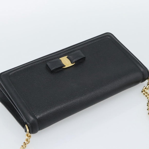 Salvatore Ferragamo Vala Chain Shoulder Bag Leather Black Gold Auth 189851A