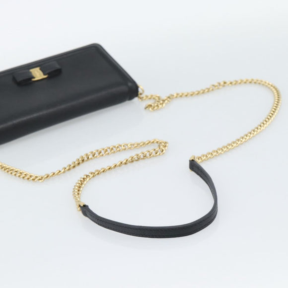 Salvatore Ferragamo Vala Chain Shoulder Bag Leather Black Gold Auth 189851A