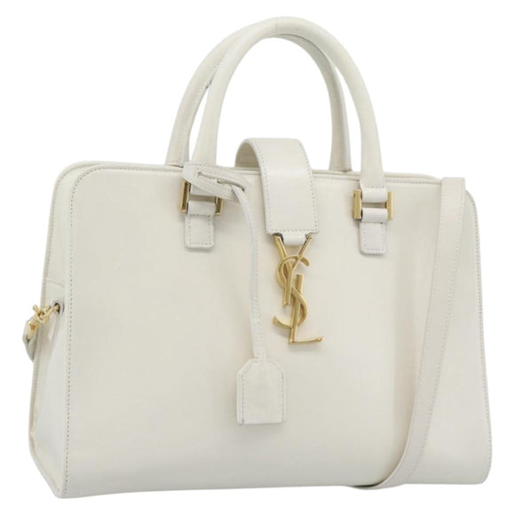 SAINT LAURENT Baby Kabas Hand Bag Leather 2way White Gold Auth 189853
