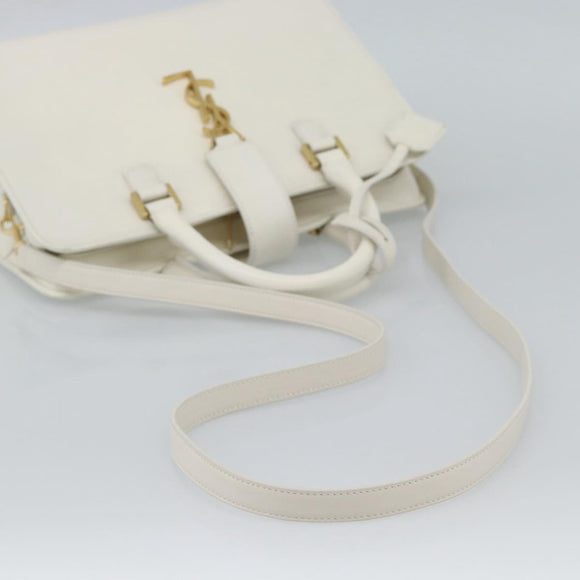 SAINT LAURENT Baby Kabas Hand Bag Leather 2way White Gold Auth 189853