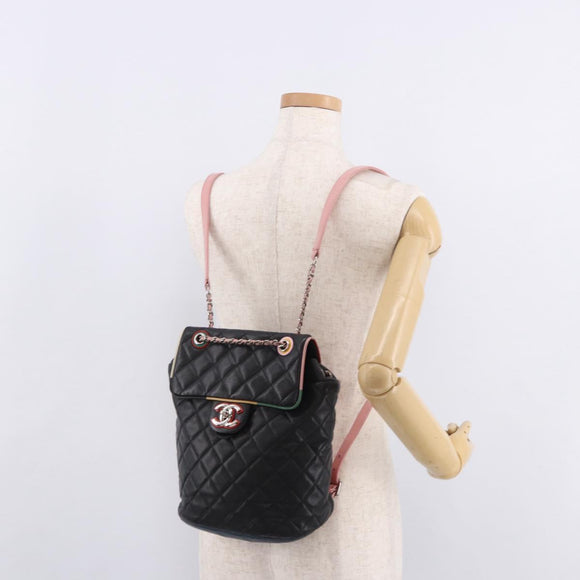 CHANEL Matelasse Backpack Lamb Skin Black Silver CC Auth 189859M
