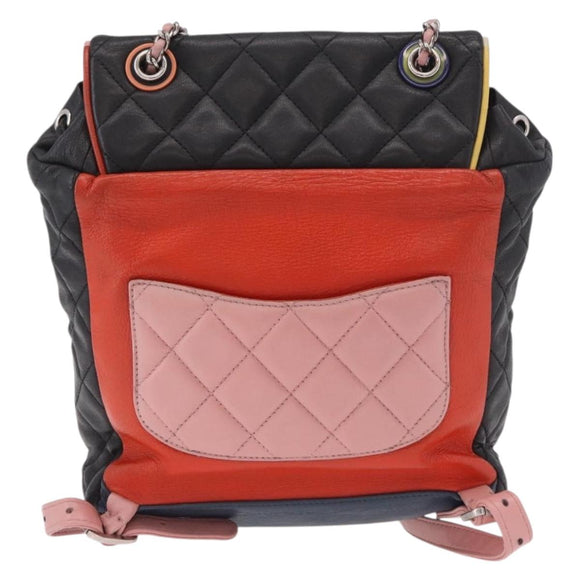 CHANEL Matelasse Backpack Lamb Skin Black Silver CC Auth 189859M