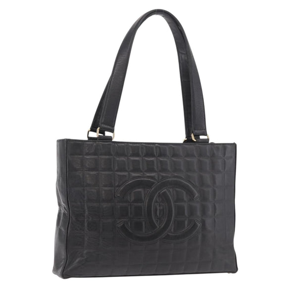 CHANEL Choco Bar Tote Bag Lamb Skin Black Gold CC Auth 189862