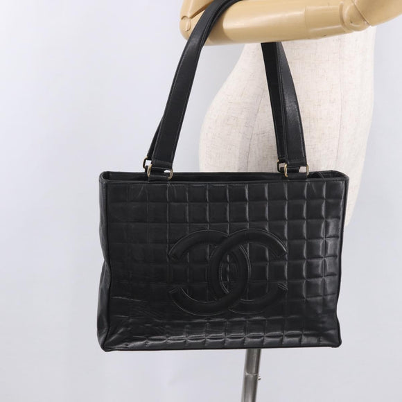 CHANEL Choco Bar Tote Bag Lamb Skin Black Gold CC Auth 189862