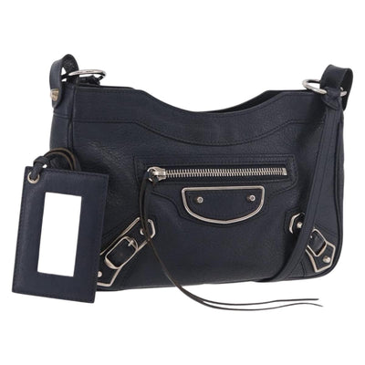 BALENCIAGA Metallic Edge Hip Shoulder Bag Leather Navy Silver Auth 189871A