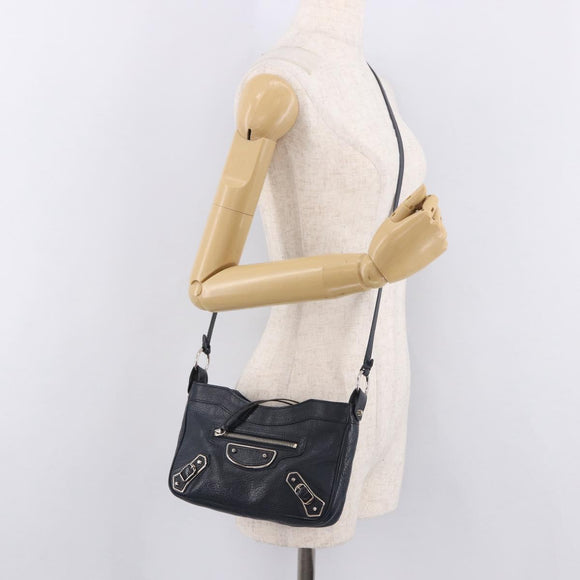 BALENCIAGA Metallic Edge Hip Shoulder Bag Leather Navy Silver Auth 189871A