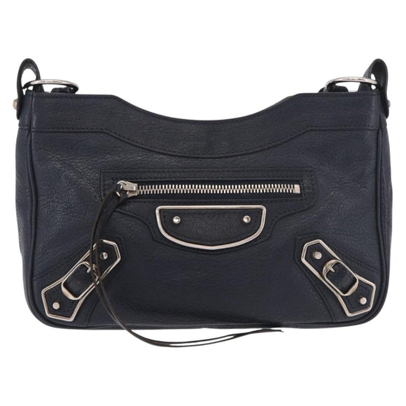 BALENCIAGA Metallic Edge Hip Shoulder Bag Leather Navy Silver Auth 189871A