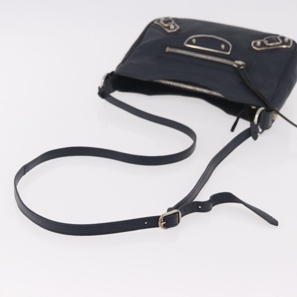 BALENCIAGA Metallic Edge Hip Shoulder Bag Leather Navy Silver Auth 189871A