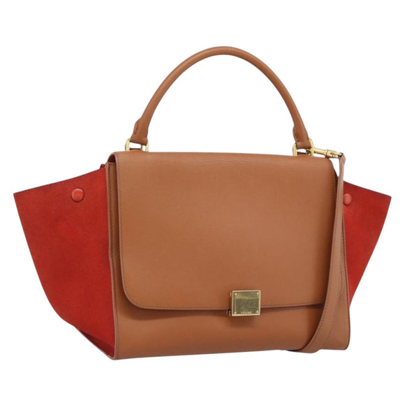CELINE Trapeze Hand Bag Leather 2way Brown Gold Auth 189874A