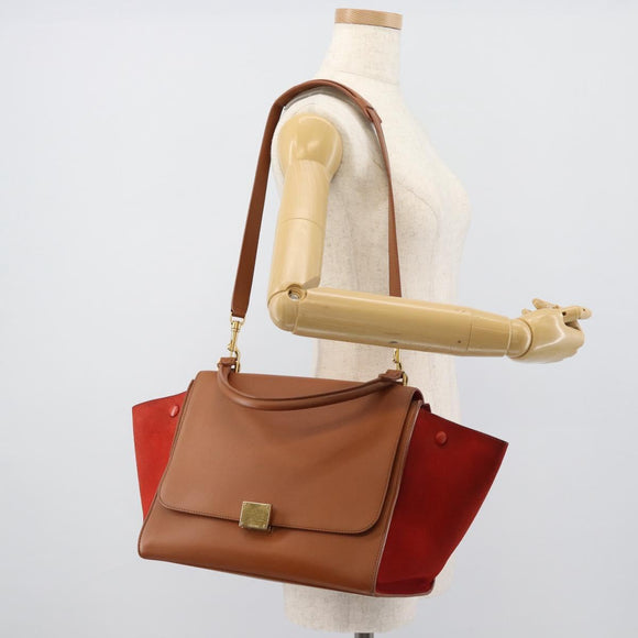 CELINE Trapeze Hand Bag Leather 2way Brown Gold Auth 189874A