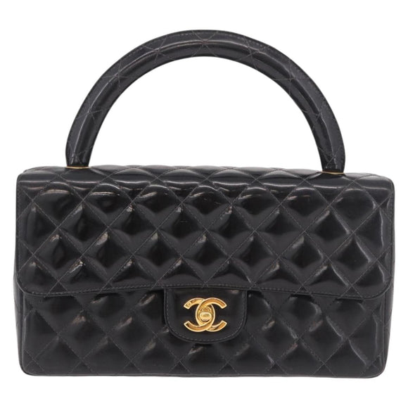 CHANEL Matelasse Hand Bag Patent leather Black Gold CC Auth 189887