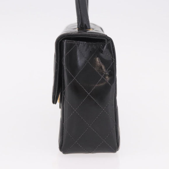 CHANEL Matelasse Hand Bag Patent leather Black Gold CC Auth 189887