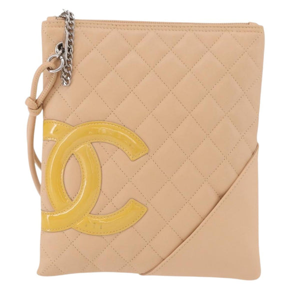 CHANEL Cambon Line Matelasse Shoulder Bag Leather Beige Silver CC Auth 189889A