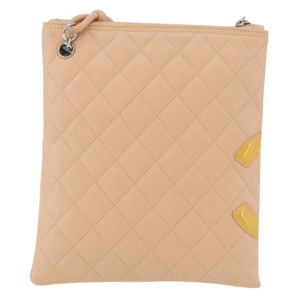 CHANEL Cambon Line Matelasse Shoulder Bag Leather Beige Silver CC Auth 189889A