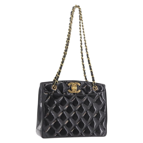 CHANEL Matelasse Chain Tote Bag Patent leather Black Gold CC Auth 189891A