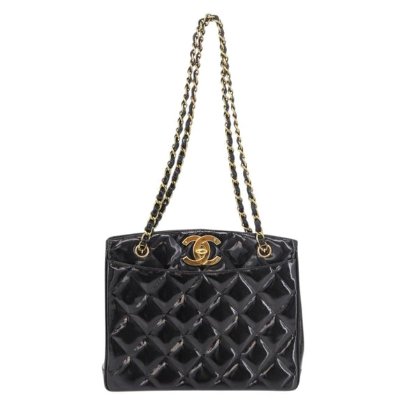 CHANEL Matelasse Chain Tote Bag Patent leather Black Gold CC Auth 189891A