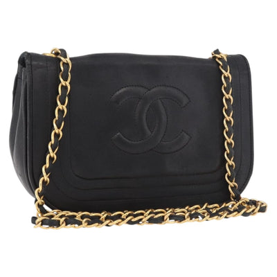 CHANEL Chain Shoulder Bag Lamb Skin Black Gold CC Auth 189894