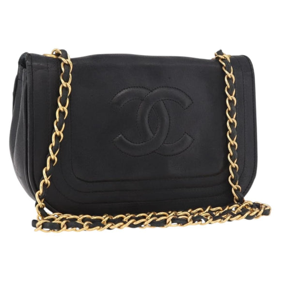 CHANEL Chain Shoulder Bag Lamb Skin Black Gold CC Auth 189894