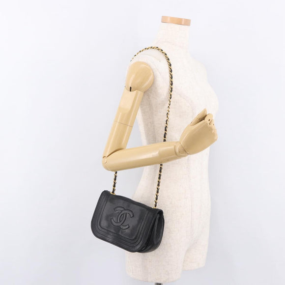 CHANEL Chain Shoulder Bag Lamb Skin Black Gold CC Auth 189894