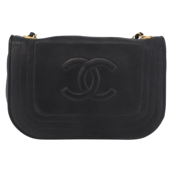 CHANEL Chain Shoulder Bag Lamb Skin Black Gold CC Auth 189894