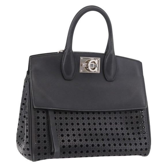 Salvatore Ferragamo Gancini Hand Bag Leather 2way Black Silver Auth 189904