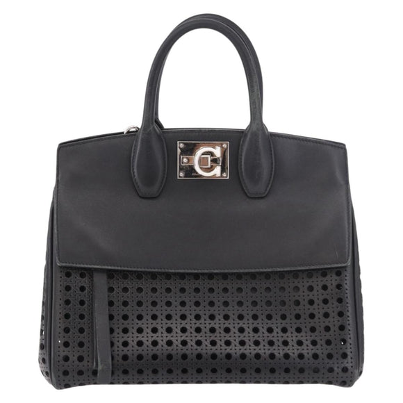 Salvatore Ferragamo Gancini Hand Bag Leather 2way Black Silver Auth 189904