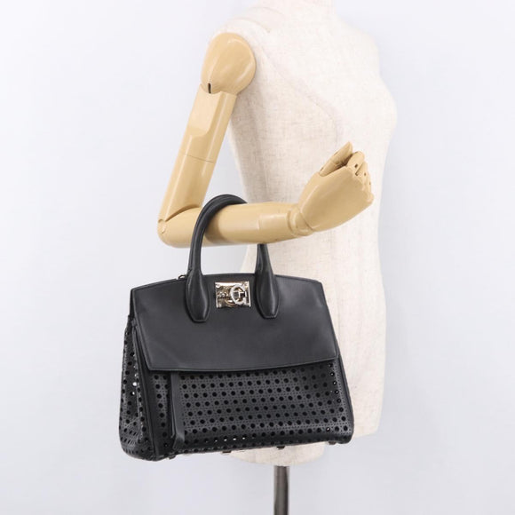 Salvatore Ferragamo Gancini Hand Bag Leather 2way Black Silver Auth 189904