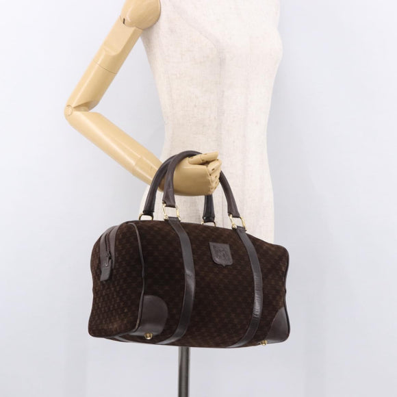 CELINE Macadam Canvas Boston Bag Suede Brown Gold Auth 189925