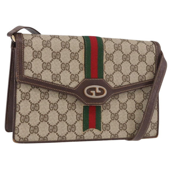 GUCCI GG Supreme Web Sherry Line Shoulder Bag PVC Beige Gold Auth 189927