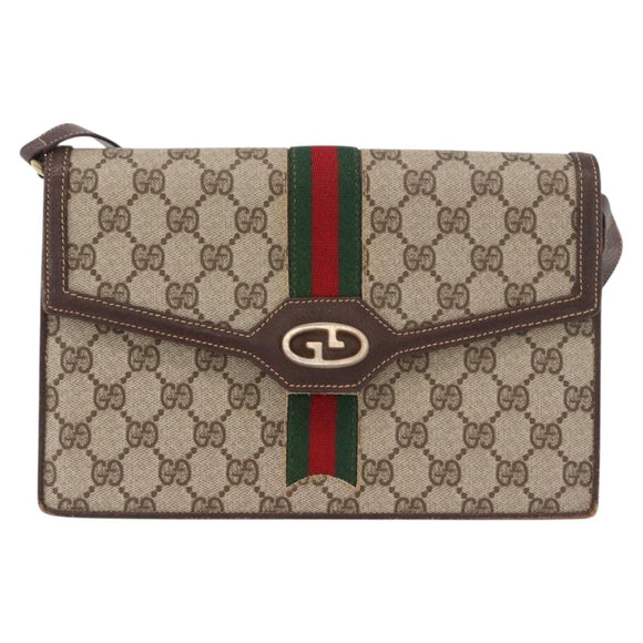 GUCCI GG Supreme Web Sherry Line Shoulder Bag PVC Beige Gold Auth 189927