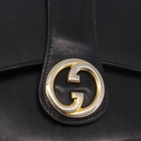 GUCCI Horsebit Chain Shoulder Bag Leather Black Gold Auth 189930