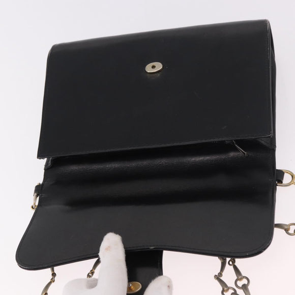GUCCI Horsebit Chain Shoulder Bag Leather Black Gold Auth 189930