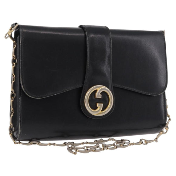 GUCCI Horsebit Chain Shoulder Bag Leather Black Gold Auth 189930