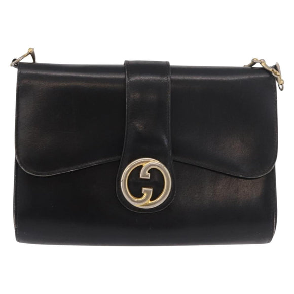 GUCCI Horsebit Chain Shoulder Bag Leather Black Gold Auth 189930