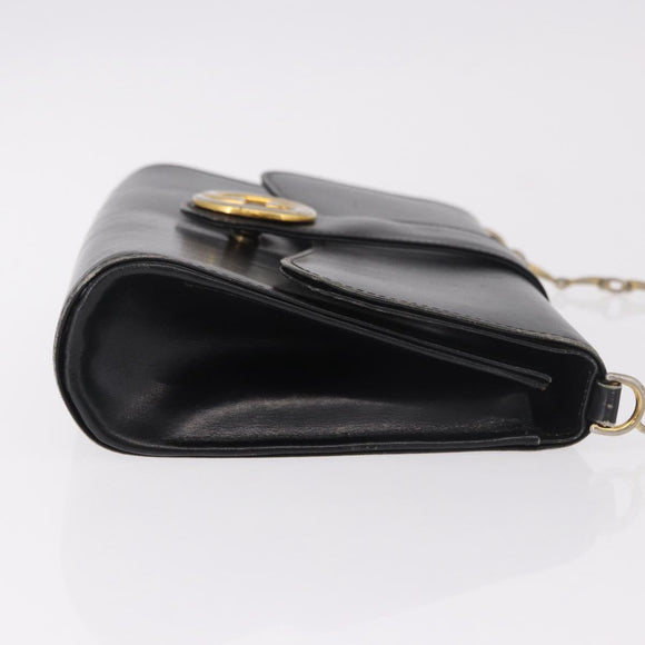 GUCCI Horsebit Chain Shoulder Bag Leather Black Gold Auth 189930