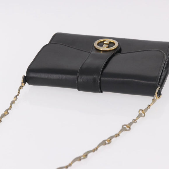 GUCCI Horsebit Chain Shoulder Bag Leather Black Gold Auth 189930