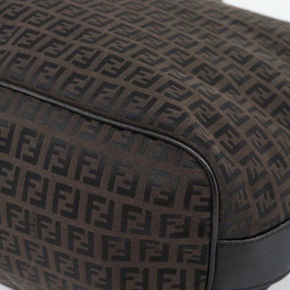 FENDI Zucchino Canvas Shoulder Bag Brown Silver Auth 189932A