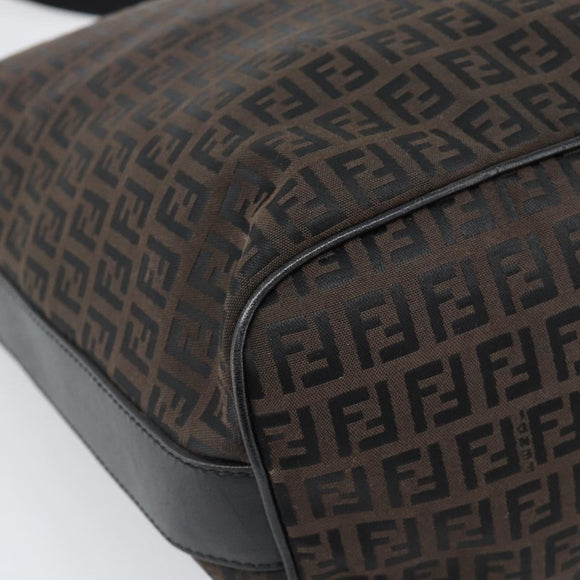 FENDI Zucchino Canvas Shoulder Bag Brown Silver Auth 189932A