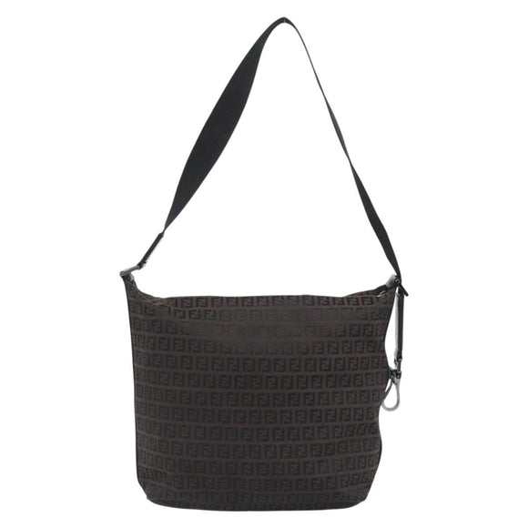 FENDI Zucchino Canvas Shoulder Bag Brown Silver Auth 189932A