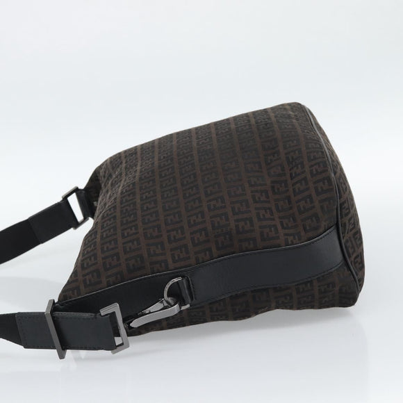 FENDI Zucchino Canvas Shoulder Bag Brown Silver Auth 189932A